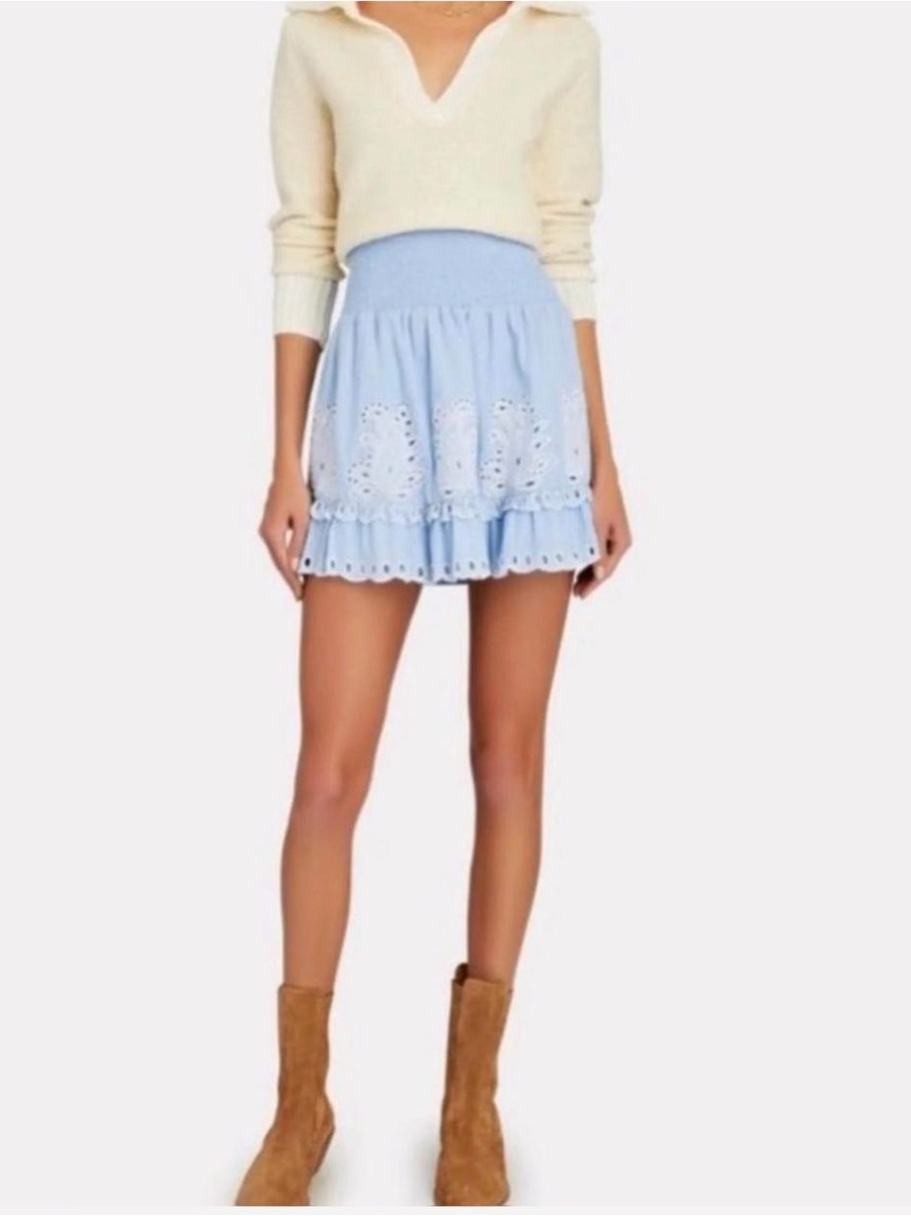 Intermix Preppy Light Blue Eyelet Ruffle Mini Skirt